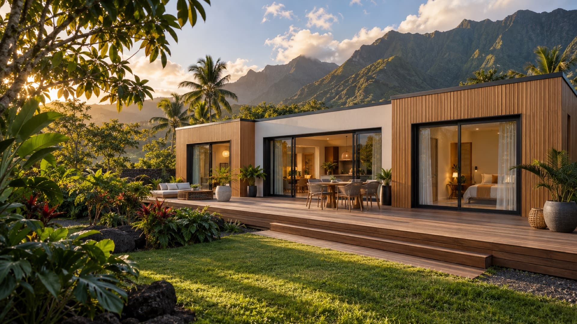 Inspiration générée d’un habitat modulaire ouvert sur un jardin tropical